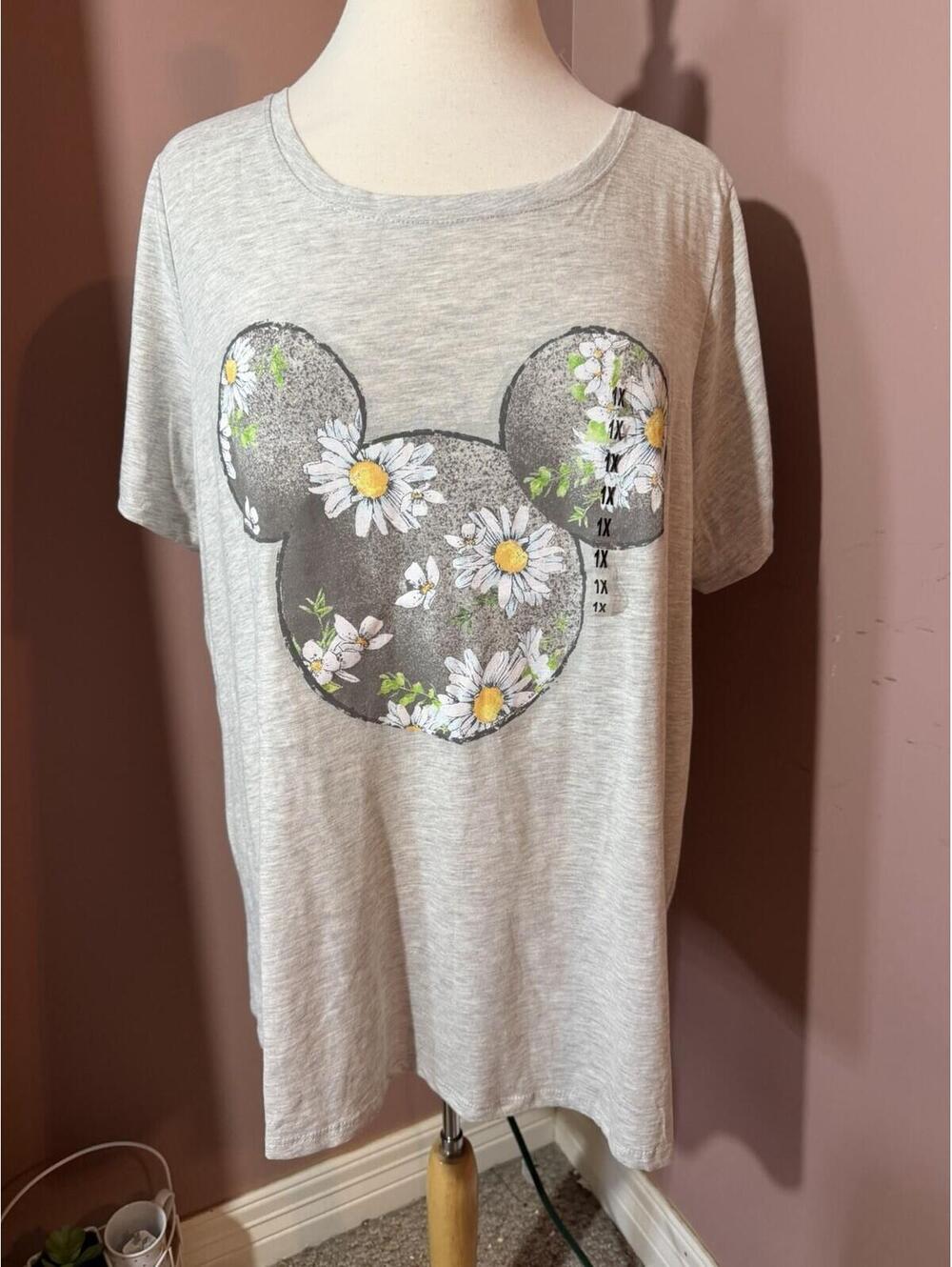 Disney Mickey Mouse Ears Daisy Floral T Shirt Womens 1X New Gray